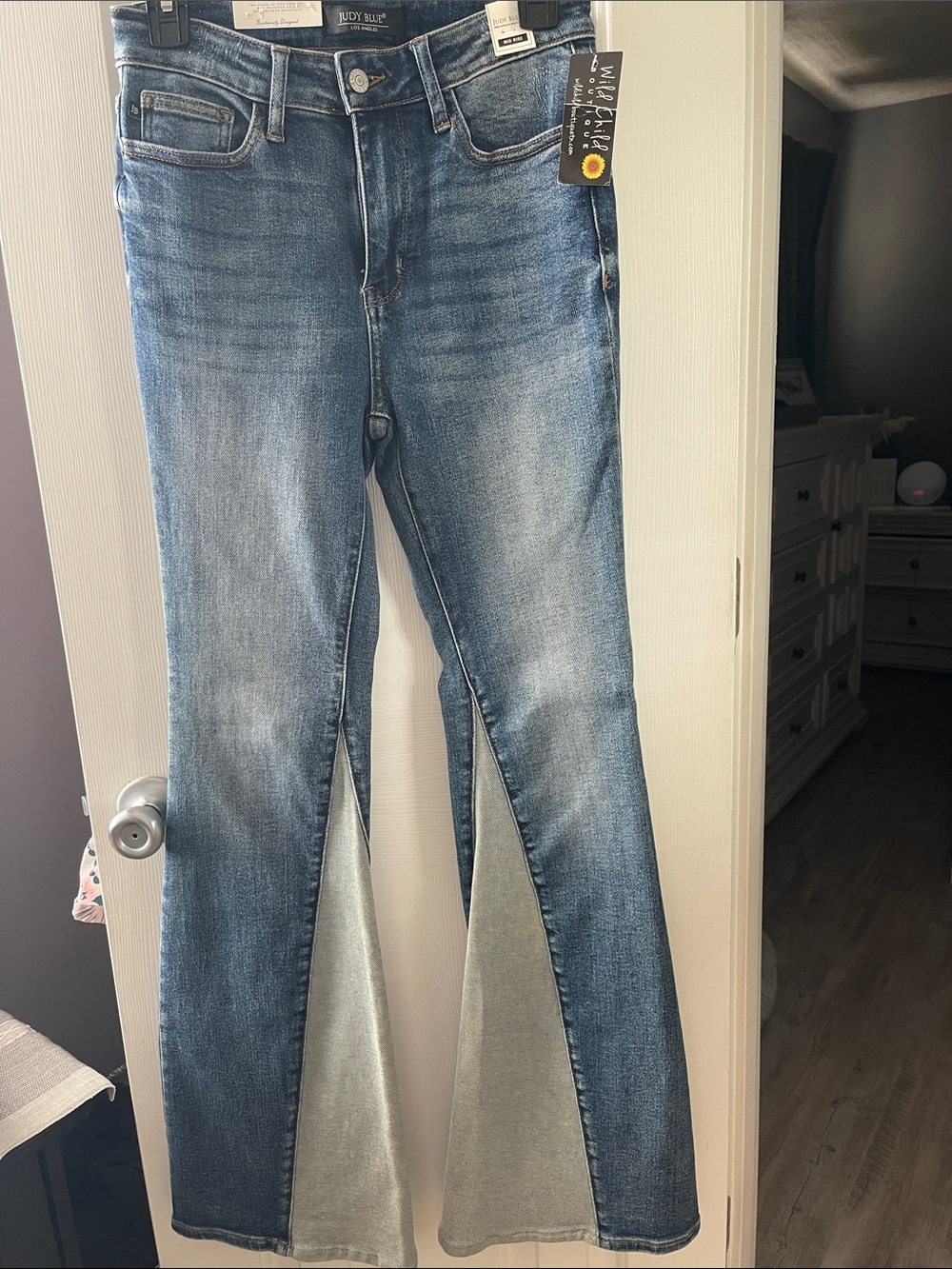 Judy Blue Distressed Blue Flare Jeans with Front Slit Panels